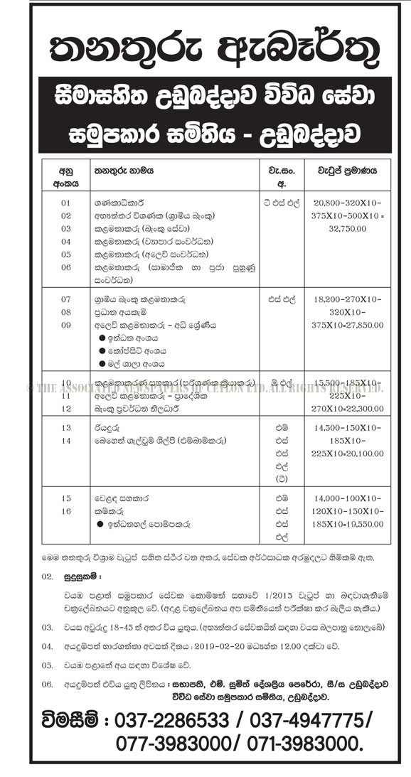 Accountant, Internal Auditor, Manager, Cashier, Management Assistant, Driver & more Vacancies - Udubaddawa Multi Purpose Cooperative Society Ltd